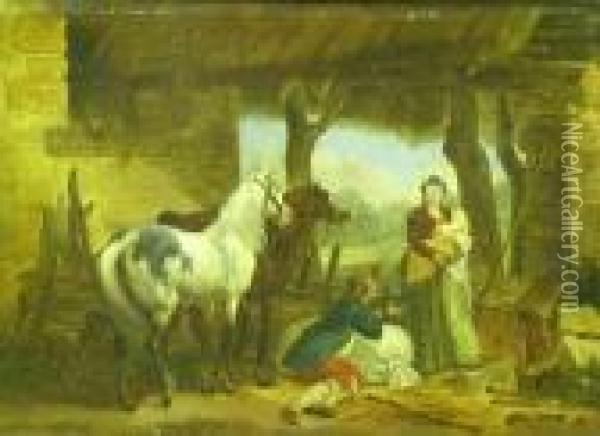 Stable Interior With Horses And Figures Oil Painting - Wouterus Verschuur