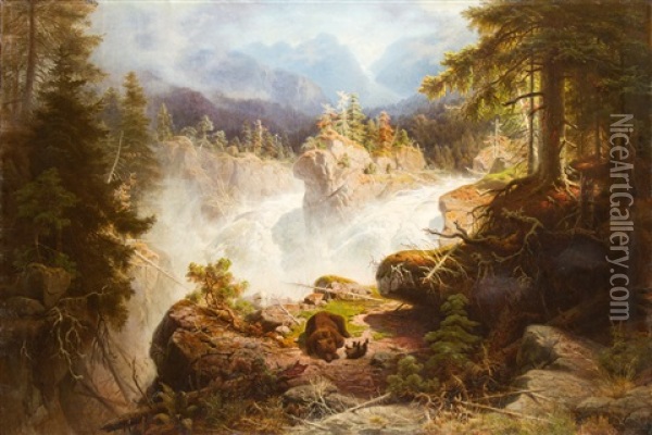 Norwegischer Wasserfall Mit Barenstaffage Oil Painting - Georg Eduard Otto Saal
