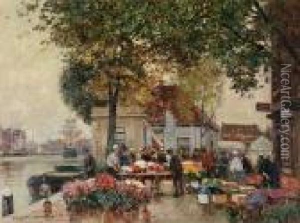 Blumenmarkt Am Kai Oil Painting - Heinrich Hermanns
