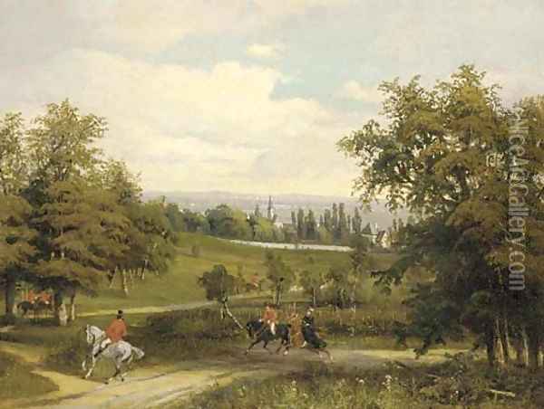 A hunting party on a wooded track with an extensive landscape beyond Oil Painting - Wilhelm August Rieder