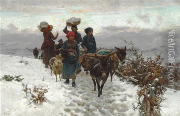 Italian Farmers Crossing A Mountain Pass At Winter Time Oil Painting - Stefano Bruzzi