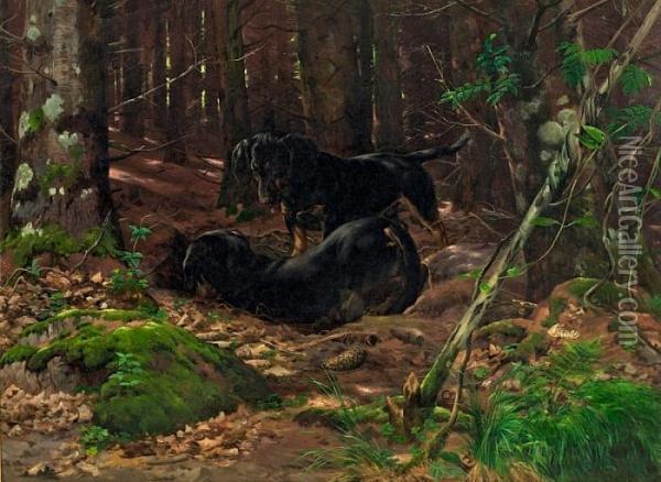 Simonsen: Two Playful Dogs In The Woods. Signed Simon Simonsen Oil Painting - Simon Simonson