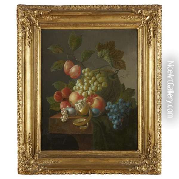 Mixed Fruits With Draped Cloth On A Stone Ledge Oil Painting - Johannes Cornelis de Bruyn