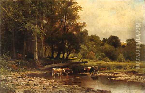 Cows along the River Oil Painting - James Brade Sword