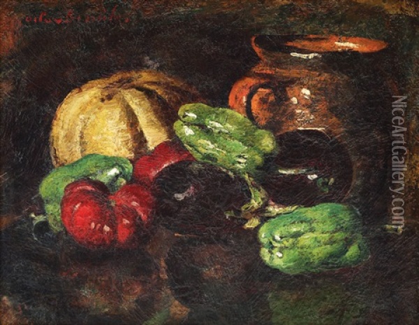 Still Life With Jar And Vegetables Oil Painting - Octav Bancila