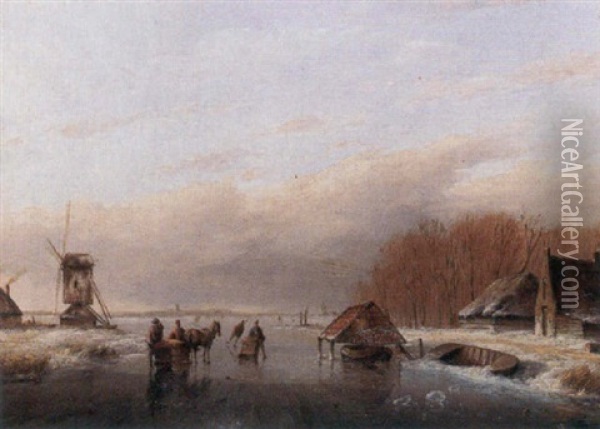 Dutch Winter Landscape Oil Painting - Cornelis Petrus T' Hoen