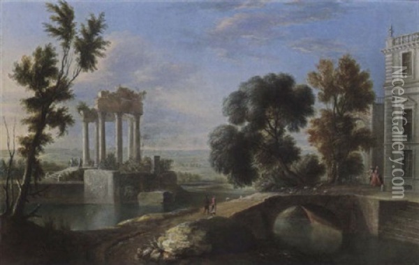 An Imaginary Classical Landscape With Shepherds And Their Flock On A Bridge, And An Elegant Couple Near A Palace Oil Painting - Charles-Leopold Grevenbroeck