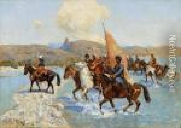 Tscherkessische Reitereinen Fluss Uberquerend Oil Painting - Franz Roubaud