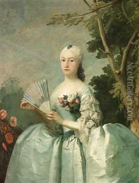 Portraet Af Birgitte Von Stampe F. Von Klocker I Mintgron Selskabskjole, I Handen Holder Hun En Vifte Oil Painting - Johan Hoerner