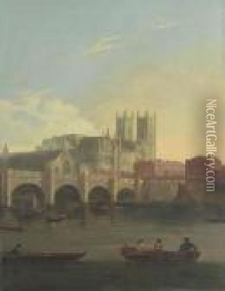View Of Westminster Bridge With Figures And Boats On The Thames Oil Painting - William Marlow
