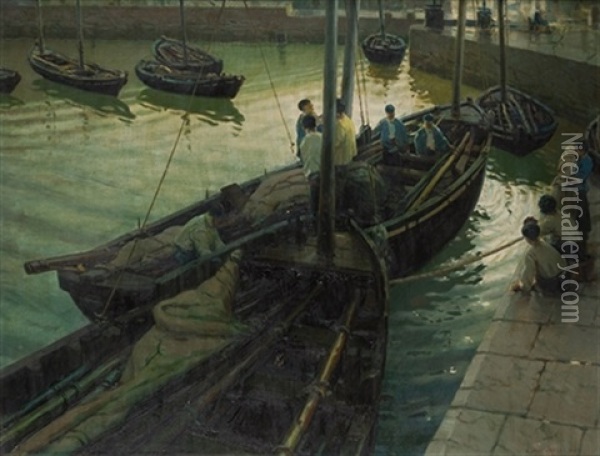 Barcas En El Puerto Oil Painting - Enrique Martinez Cubells y Ruiz