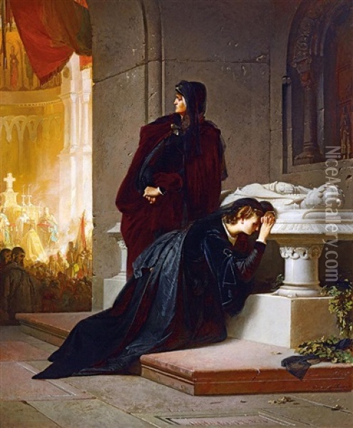 Queen Mary And Elisabeth At The Tomb Of Louis The Great, 1864 Oil Painting - Alexander von Liezen-Mayer