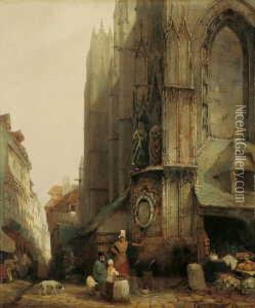 Marktszene Vor Einer Gotischen Kathedrale. Oil Painting - Jacques Carabain