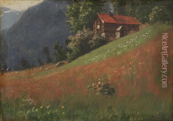 Landskap Med Tommerhus Oil Painting - Hans Dahl
