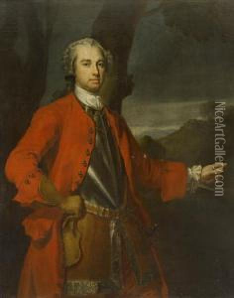 Portrait Of An Officer, Possibly Major William Caulfeild (circa 1698-1767), Three-quarter-length, Wearing A Red Overcoat, A Cuirasse And A Small Sword, Pointing To A Torrent In A Highland Glen Oil Painting - Allan Ramsay