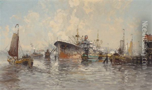 Ships In The Rotterdam Harbour Oil Painting - Gerard Delfgaauw