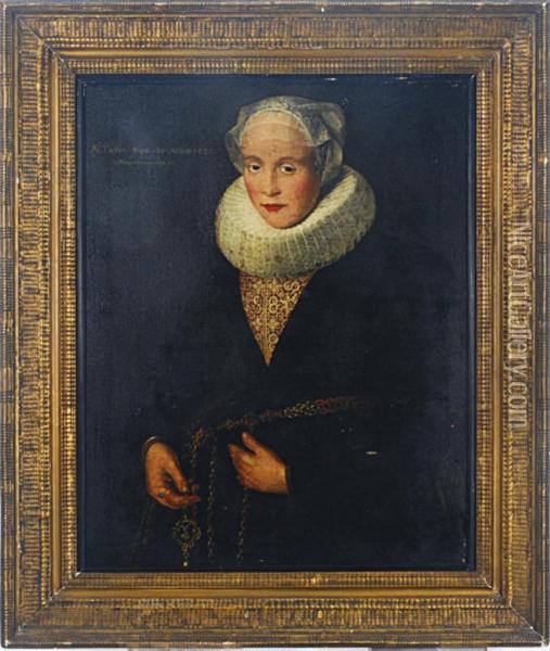 Portrait Of A Lady Aged 30, Half-length, In A Black Dress Withwhite Lace Collar Oil Painting - Samuel Hoffmann