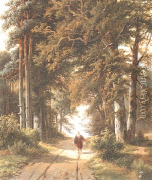 Faggot Gatherer On A Forest Path Oil Painting - Adrianus Henrikus De Bruine