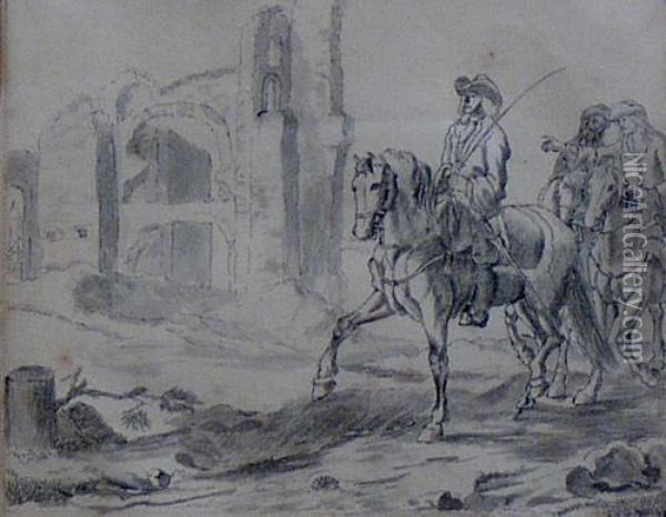 Horsemen In A Landscape, Ruins Beyond Oil Painting - Johannes Lingelbach