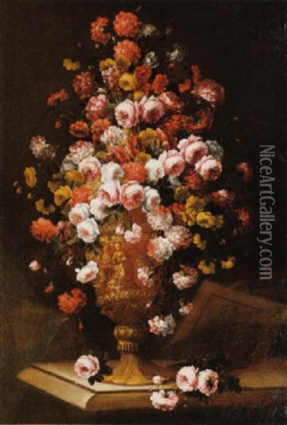 Fleurs Sur Un Entablement De Pierre Oil Painting - Antoine Monnoyer