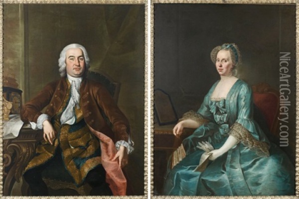 Portrait D'un Architecte (+ Portrait De Femme A La Robe Bleue Et A L'eventail; Pair) Oil Painting - Martin van Meytens the Younger