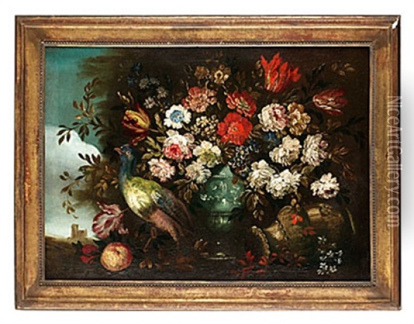 Stilleben Med Blommor, Urnor Och Fagel Oil Painting - Andrea Belvedere