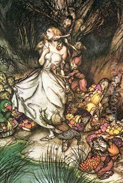 Goblin Market: White and golden Lizzie stood Oil Painting - Arthur Rackham