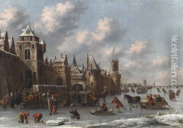 A Winter Landscape With Figures Skating And Sledging On A Frozen Moat By A Fortified Town Oil Painting - Thomas Heeremans
