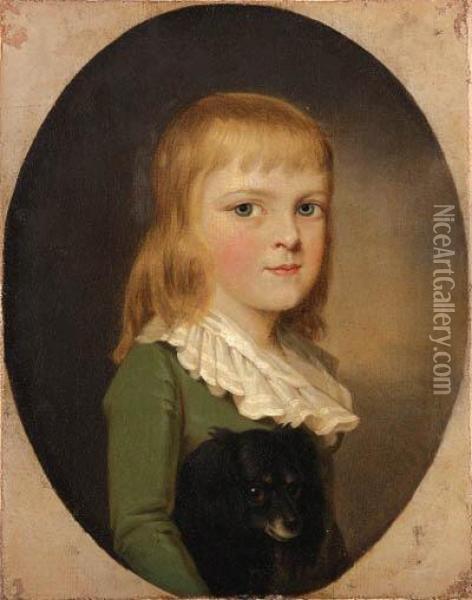 Portrait Of Frederick William 
Hallet Hodges, Half-length, In Agreen Coat, With A Black Spaniel, 
Feigned Oval Oil Painting - John Downman