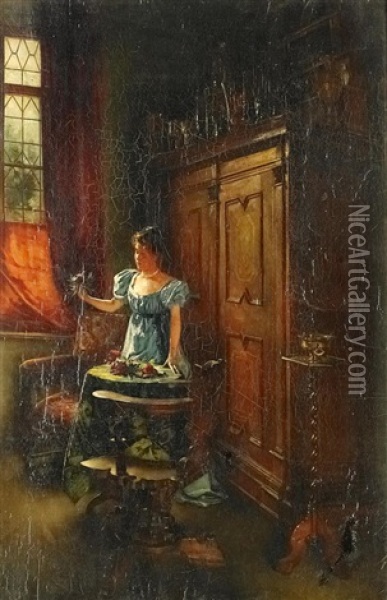 Junge Frau Rosen Betrachtend Oil Painting - Wilhelm Kreling