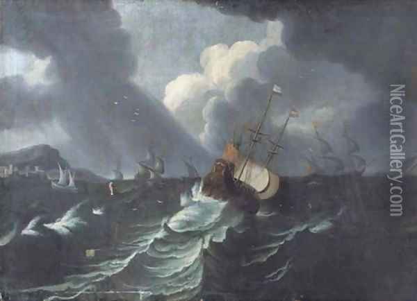 Three-masters and other shipping in a storm Oil Painting - Pieter the Younger Mulier