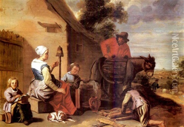 A Peasant Family At Work Outside Their Cottage, A Landscape Beyond Oil Painting - Jan Josef Horemans the Younger