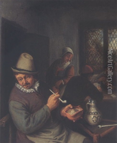 A Peasant Lighting A Pipe In An Inn, Cardplayers In The Background Oil Painting - Adriaen Jansz van Ostade