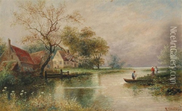 Cottages Along A River Oil Painting - Edwin Steele
