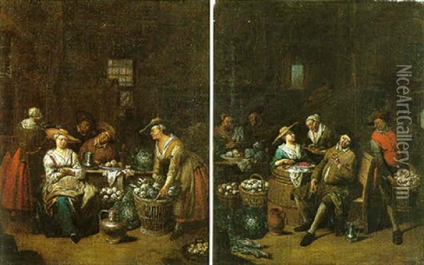 Peasants Preparing Vegetables In A Tavern Interior Oil Painting - Jan Baptist Lambrechts