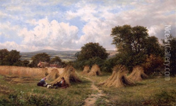 Figures In A Field With Haystacks, Distant Valley Oil Painting - Carl Brennir