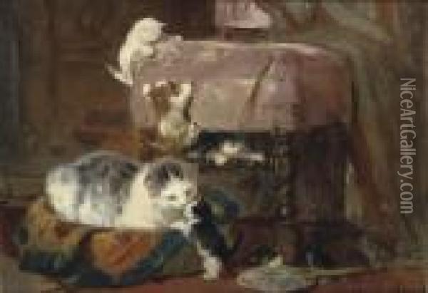 Playing Cats Oil Painting - Henriette Ronner-Knip