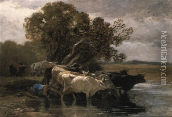 Drover Watering Cattle At A Pond Oil Painting - Charles Emile Jacque
