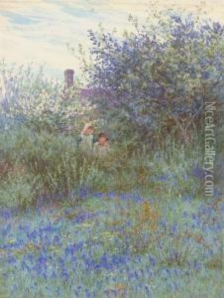 Children At The Edge Of A Bluebell Field, A Cottage Beyond Oil Painting - Helen Mary Elizabeth Allingham