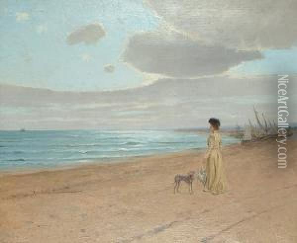 A Lady Looking Out To Sea With A Grey Hound. Oil Painting - Mark Rubovics