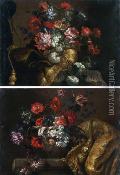 Gegenstucke: Blumenstillleben Mit Draperien Und Quasten Oil Painting - Jean-Baptiste Monnoyer