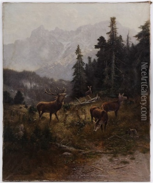 Cerf Au Brame Et Biches A La Lisiere De Foret Oil Painting - Ludwig Skell