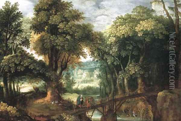 A wooded river landsape with the Flight into Egypt Oil Painting - Marten Ryckaert