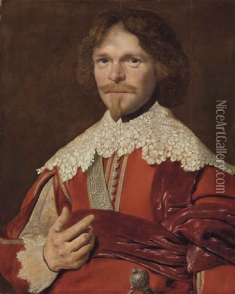 Portrait Of Gentleman, Half-length, In Red With A Lace Collar Oil Painting - Abraham Wuchters