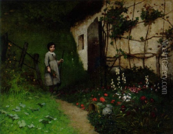 Flicka I Blomstertradgard Oil Painting - Georg Pauli