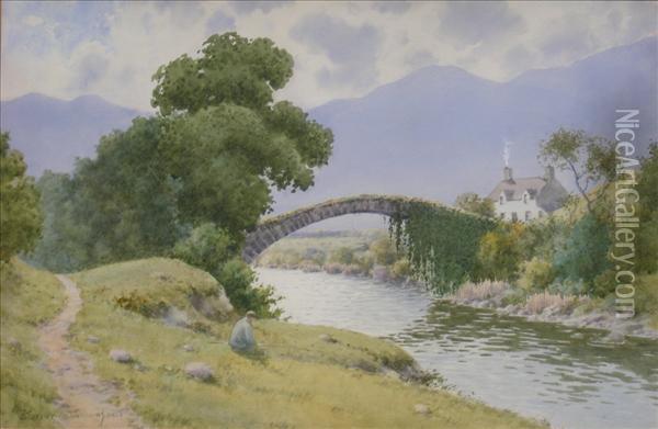 Old Roman Bridge,meanturog, An Angler On A Riverbank Oil Painting - Warren Williams