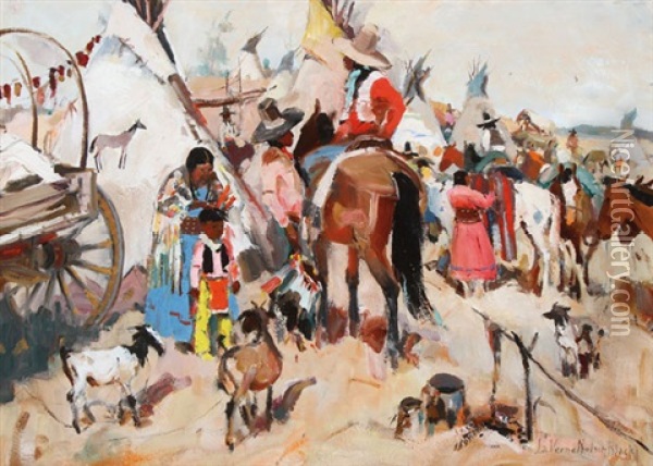 A Festive Indian Encampment Oil Painting - Laverne Nelson Black