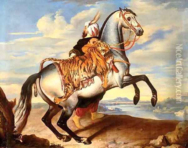 An Arab horse with an oriental groom Oil Painting - Johann Georg Hamilton