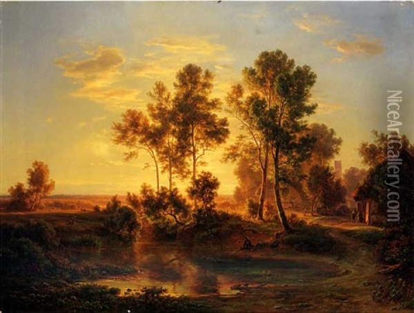 A Landscape At Dusk Oil Painting - Christian Ernst Bernhard Morgenstern