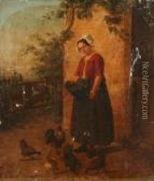 Henri Van Seben (1825-1913) 
Feeding The Chickens Oil Painting - Henri van Seben